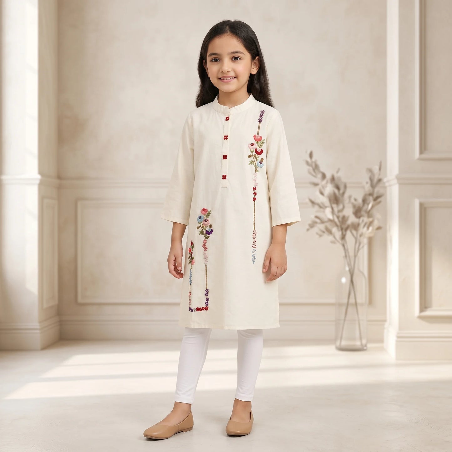 Ivory Embroidered Kids Kurta – Floral Threadwork Traditional Wear