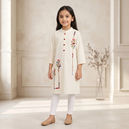 Ivory Embroidered Kids Kurta – Floral Threadwork Traditional Wear
