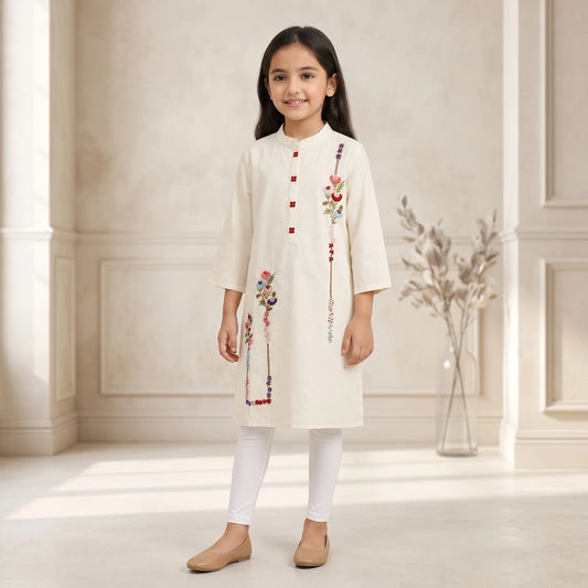 Ivory Embroidered Kids Kurta – Floral Threadwork Traditional Wear