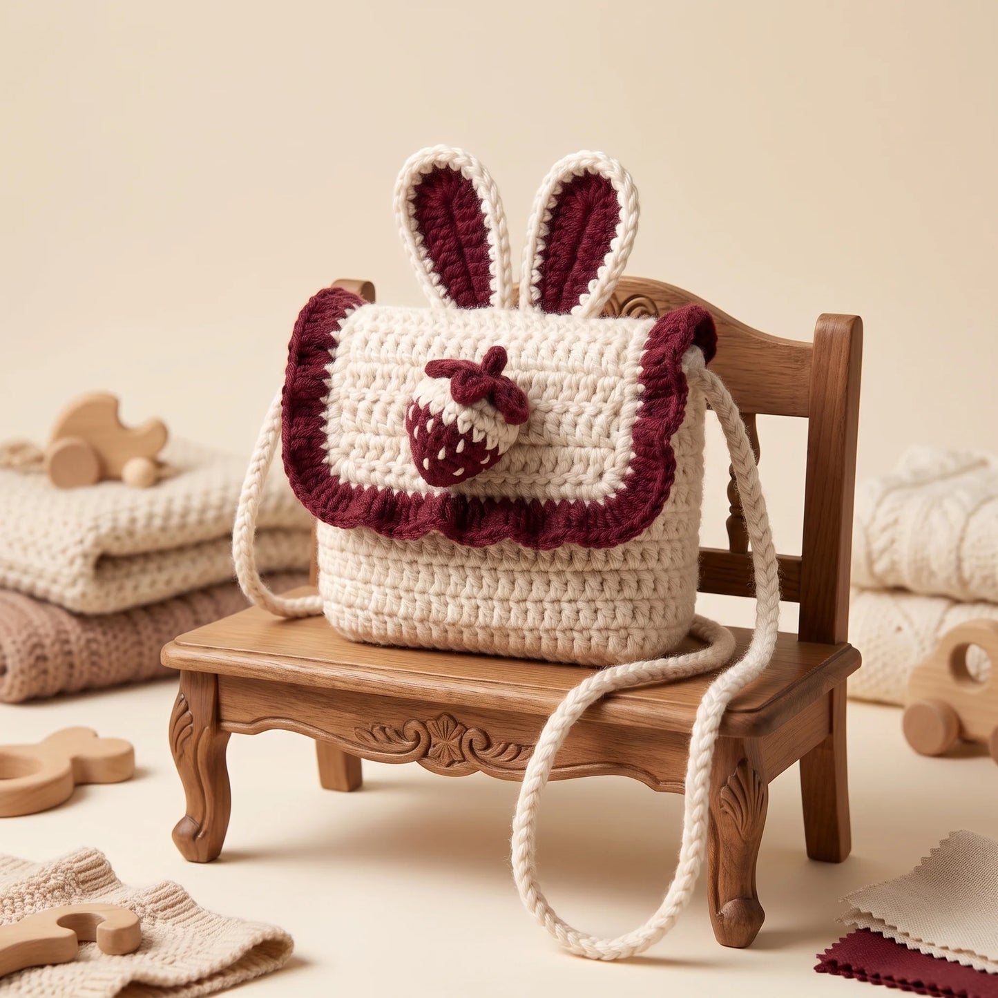Handmade Crochet Bunny Kids Shoulder Bag – 100% Pure Wool
