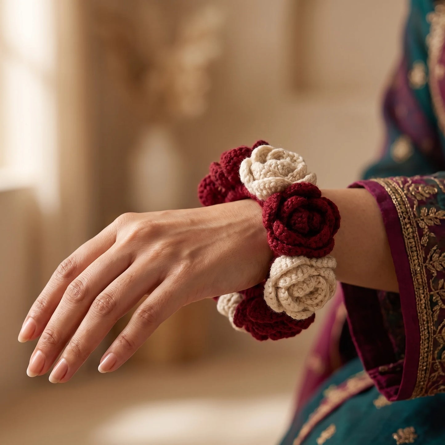 Handmade Crochet Gajra – 100% Pure Wool Rose Wrist Gajra