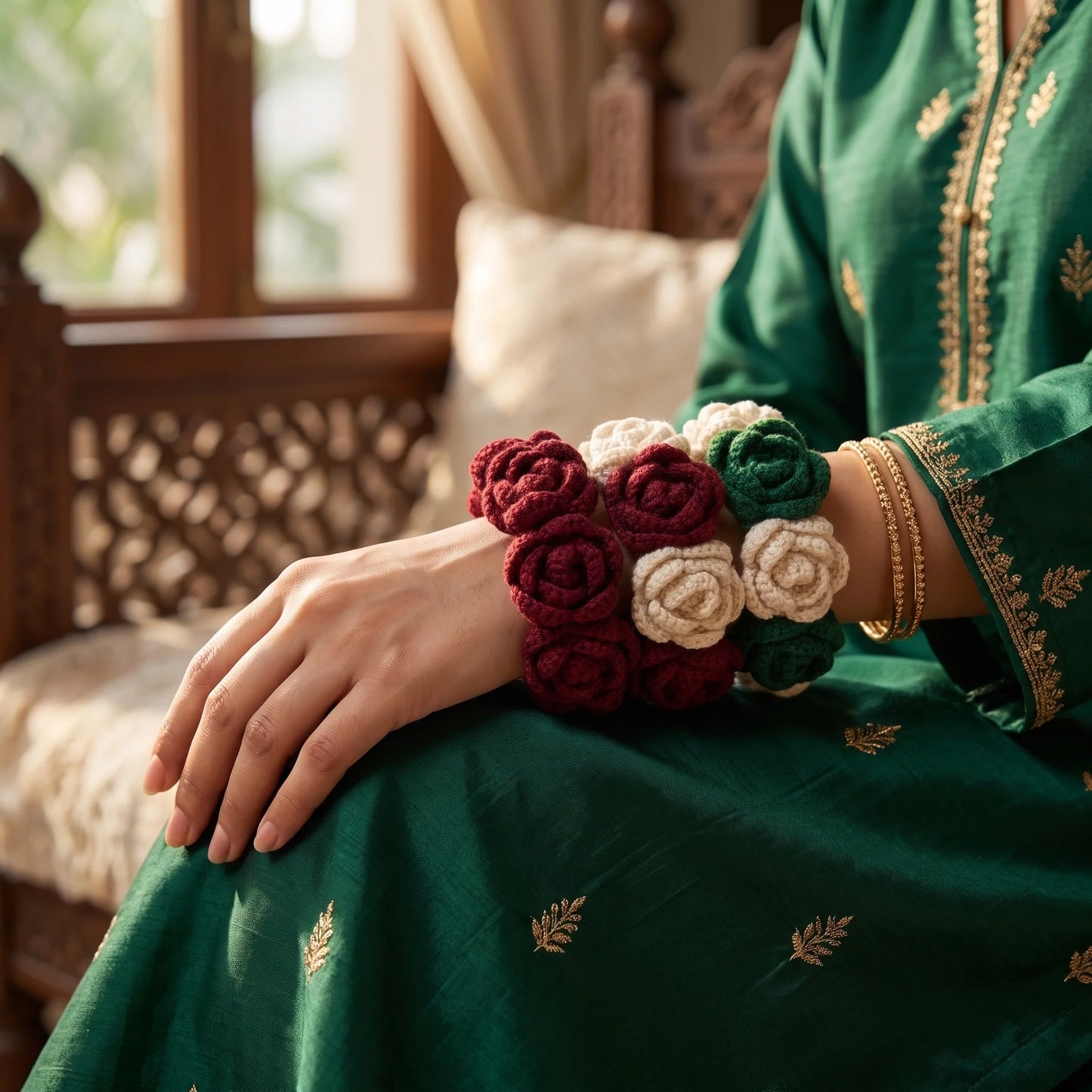 Handmade Crochet Gajra – 100% Pure Wool Rose Wrist Gajra
